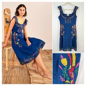 Farm Rio Blue Cross Stitch Embroidered Midi Dress w/ Ruffle Women's Size Medium